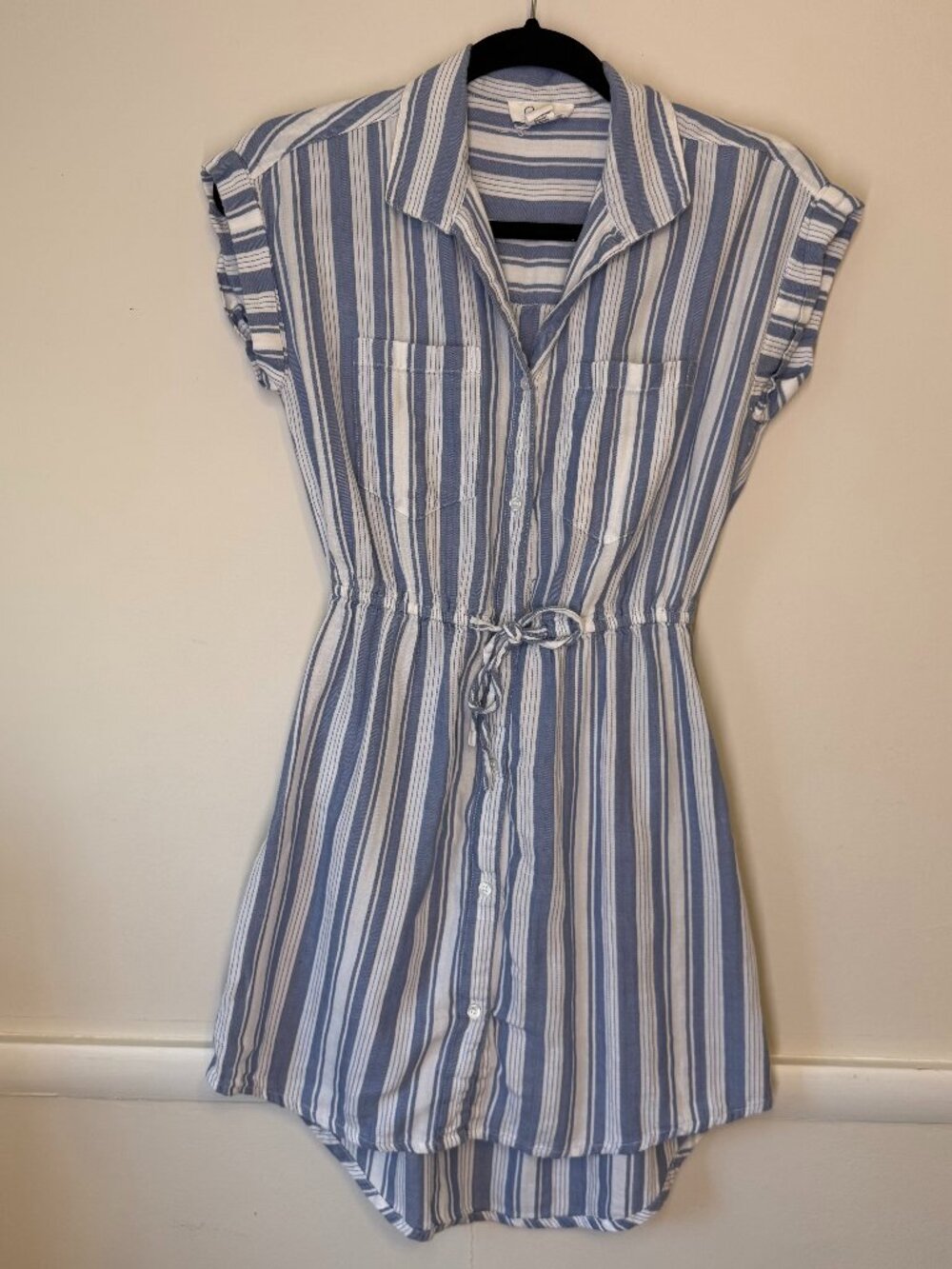 JAPNA Blue White Striped 100% Cotton Button Front Dress Womens Size XS Tie Waist
